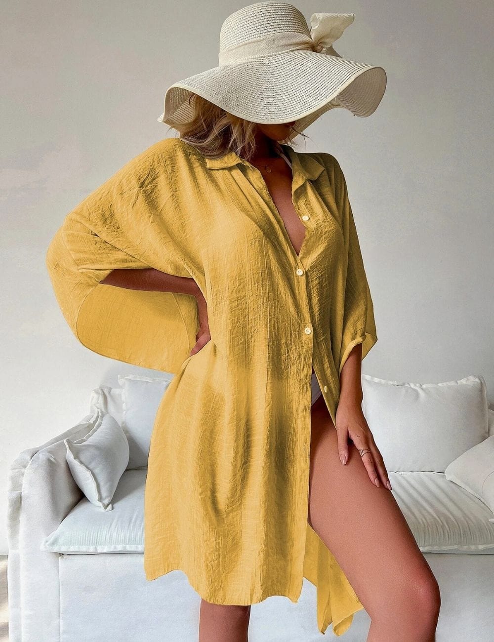 Chemise Tunique Kimono de Plage Femme Jaune / Unique