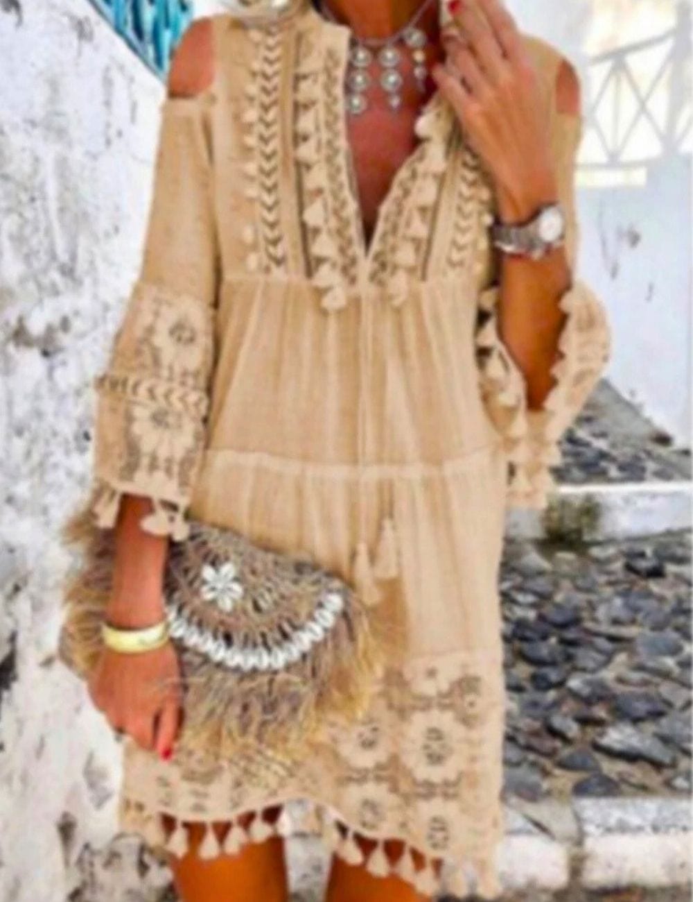 Robe de Plage avec Pompon Beige / S