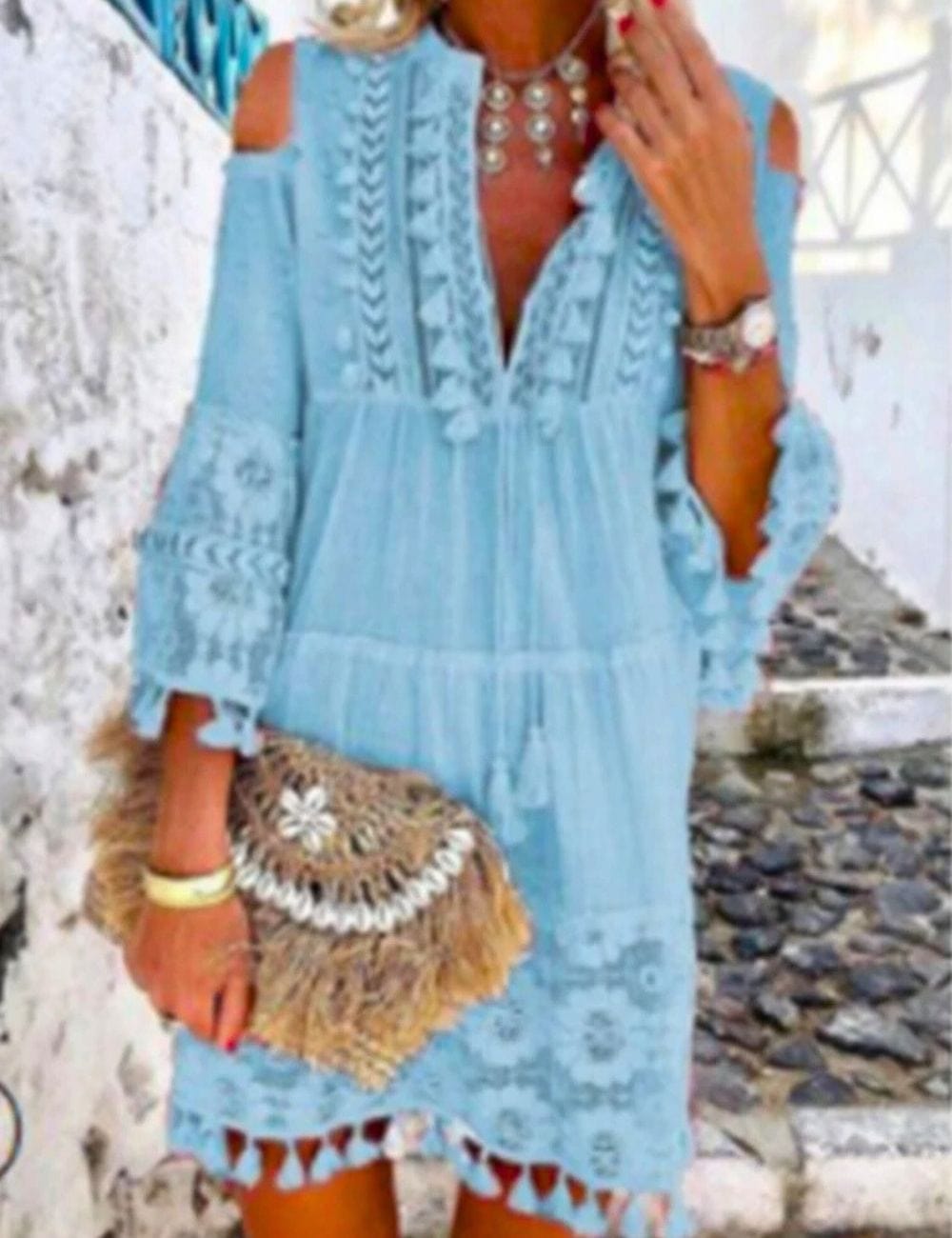 Robe de Plage avec Pompon Bleu-Clair / S