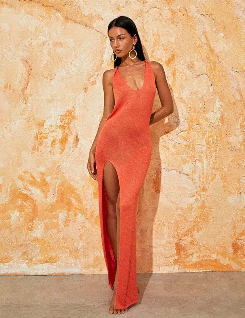 Robe de Plage Longue en Maille Orange / Unique