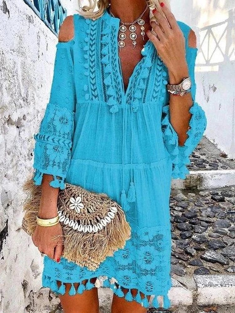 Robe de Plage avec Pompon Bleu / S