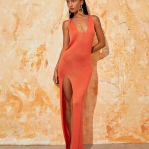 Robe de Plage Longue en Maille Orange / Unique